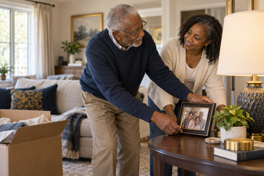 Older Black father and adult daughter arranging a family photograph in their new home. Illustrative family scene.