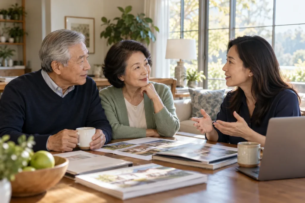 An older couple discussing living arrangements with their daughter