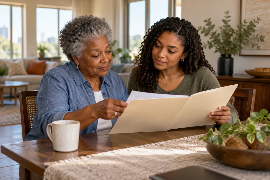 An older woman and her granddaughter reviewing a family transition plan