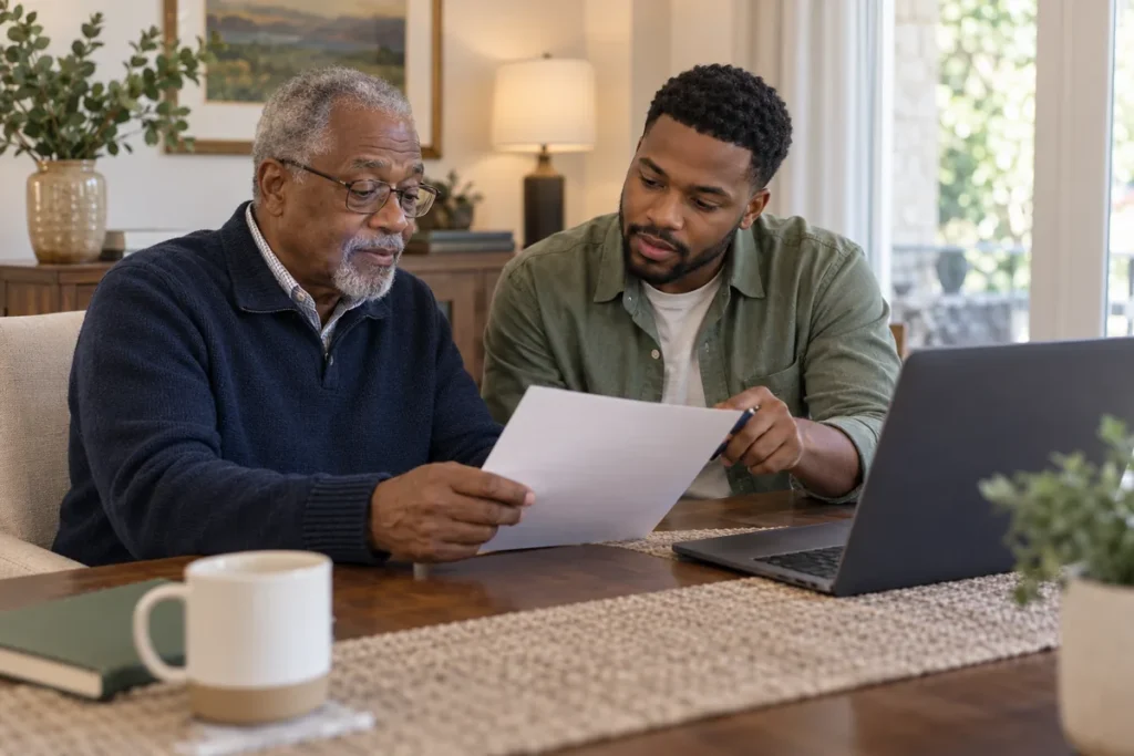 A grandfather and grandson reviewing a planning checklist